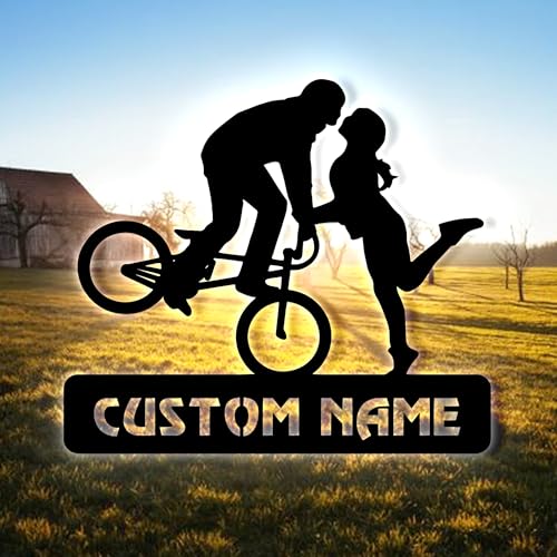 Image of Mountain Biking Classes Near Me Couple Stoppie Kiss Metal Wall Art With LED Light, Gift For Moutain Biking Lover, Wall Art Hanging Home Decor Birthday Xmas Gift