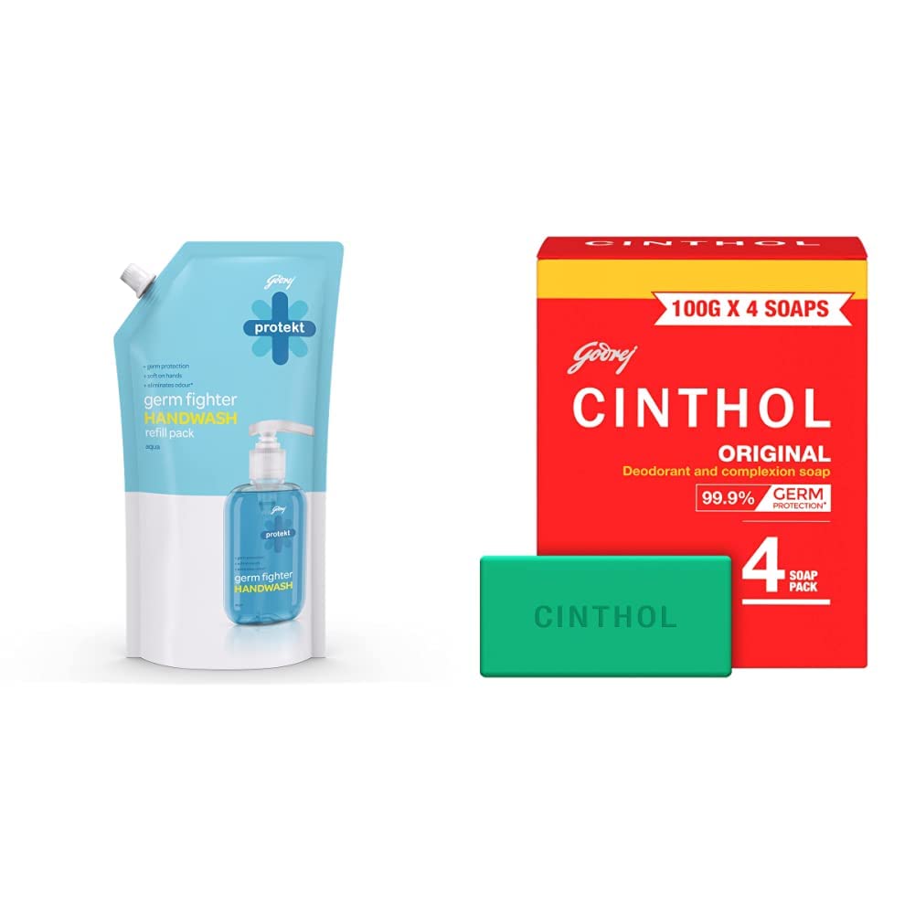 Godrej Protekt Germ Fighter Handwash Refill Pack - 725ml & Cinthol Original Bath Soap - 100g (Pack of 4)