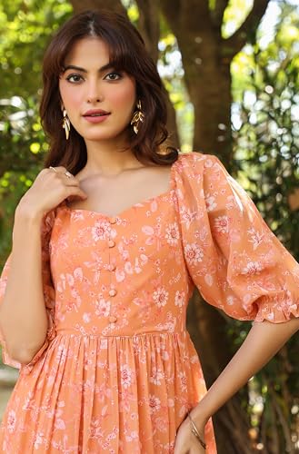 Image of Janasya Women's Orange Georgette Floral Printed Tiered Dress