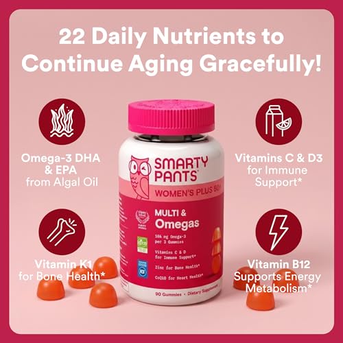 SmartyPants Women’s Plus 50+ Multi & Omegas Multivitamin Gummies with Omega 3 DHA/EPA, Methylfolate, CoQ10, Vitamin D3, C, B12, B6, A, K, Biotin, Two Fruit Flavors, 90 Count (30 Day Supply) - image 2