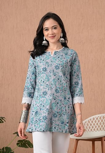 Image of Amazon Brand - Tavasya Women Floral Printed Trendy Short Kurti | Embroidered Ethnic Wear | Regular Fit | Tunic Shirt