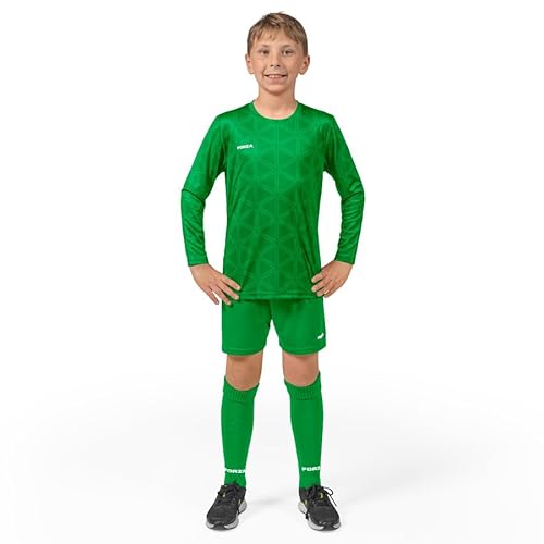 FORZA - FORZA Kids' Goalkeeper Long Sleeve Kit – Breathable & Sweat-Wicking Football Goalie Set – Includes Shirt, Shorts & Knee-High Socks (Green, Age 7-8)