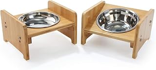 Set of 2 Raised Pet Bowls for Cats and Small Dogs Tilted Single Elevated Dog Cat Food and Water Bowls Stand Feeder with 3 Bowls for Comfort Feeding (Small(4'' Tall)),Wood
