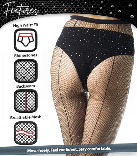 Image of Rhinestone Fishnet Tights with Back Seam for Women - High Waist Sparkling Pantyhose, Seamless Nude Mesh Stockings, Glitter Stretch Hosiery for Party, Dance, Clubwear (S-L)