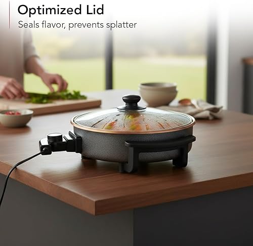 Miniatura 3 de OVENTE Sartén eléctrica de 12 pulgadas y sartén con revestimiento antiadherente, potencia de 1400 W, control de temperatura ajustable, tapa de