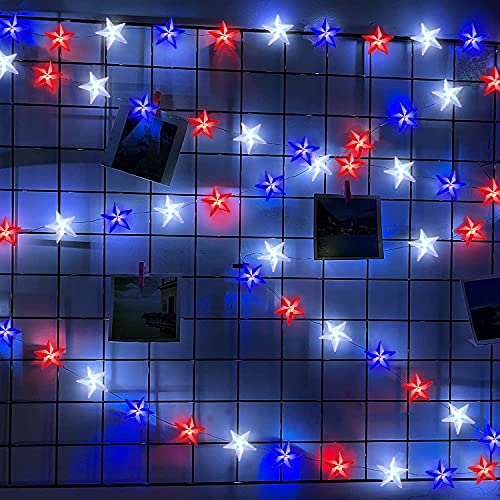 10Ft 40Led Patriotic Decor Star String Lights, 4Th Of July Red White Blue Star Lights American Flag Decorations Labor Day Memorial Day Independence Day Party Supplies Battery Operated With Remote #TOP2