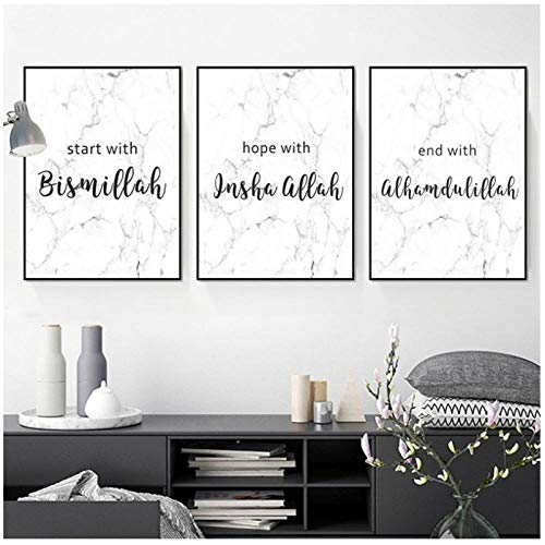 xwlljkcz 3 Stück Allah Bismillah Inshaallah Alhamdulillah Islam Marmor Wandkunst Islamische Zitate Poster und Druck Leinwand Malerei Wohnkultur 50x70 cm kein Rahmen