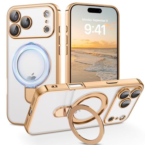 Image of DOMAVER for iPhone 17 Pro Max Case with Magnetic Invisible Stand [Military Drop Protection] [Compatible with MagSafe] Slim Shockproof Case for iPhone 17 Pro Max 6.9 Inch, Clear Gold