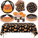 Durony 193 Pieces Halloween Candy Corn Party Supplies Set - Trick or Treat Plates, Tablecloth, Napkins, Cups, Plastic Cutlery - Serves 24