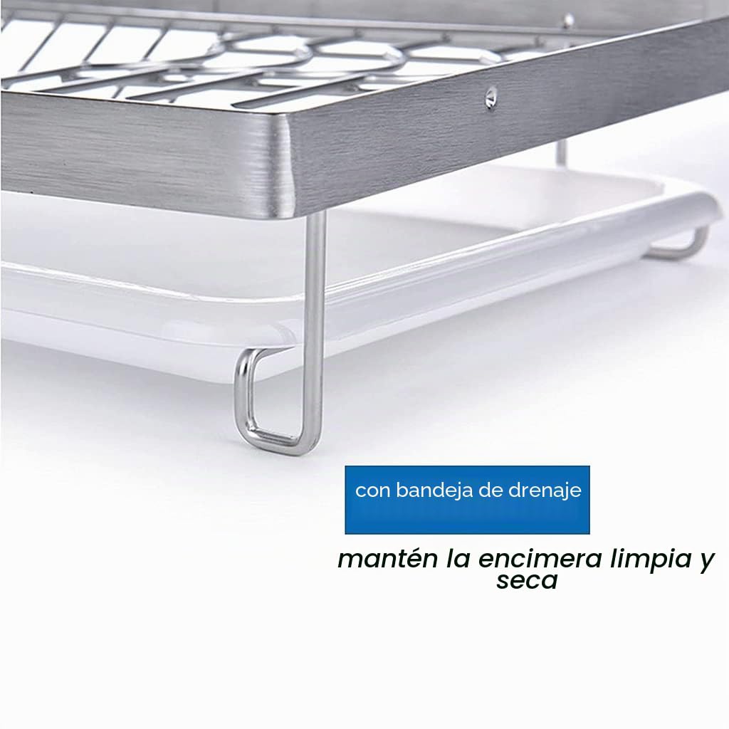 Escurridor de platos multifuncional montado en la pared con barra for colgar, escurridor de platos plegable con escurridor, escurridor de platos de acero inoxidable con 3 ganchos móviles, plateado