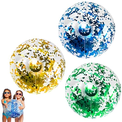 YEWCEP 3 Stück Aufblasbare Strand Glitzerbälle 40cm Bunte Wasserbälle für Kinder PVC Wasserball Klein Spielball für Baby Blau Gold Grün Ideal für Schwimmbad Strand Spielzeug