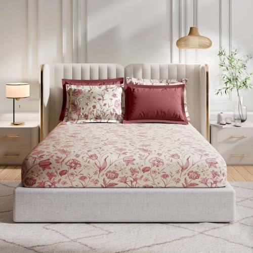 Image of Wakefit Premium 100% Cotton 300 TC Flat Bedsheet with 4 Pillow Covers | King Size (104 x 104 inch) | Caroline