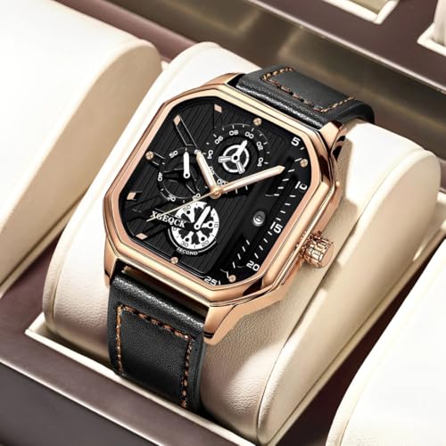 Image of Men's Luxury Square Dial Analog Watch with Leather Strap, Luminous Display, Waterproof Quartz Wristwatch - Casual & Formal Wear