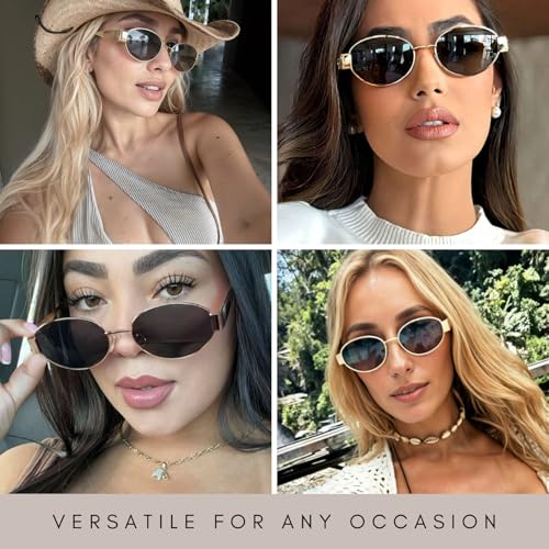 Generic Trendy Oval Sunglasses for Women Men Retro Sun Glasses Vintage 90s Style Designer Shades UV400 Protection, Gold/Grey4