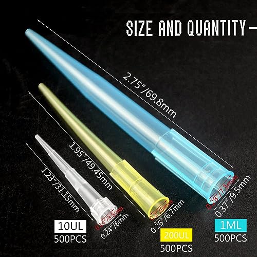Tovot 1500Pcs Laboratory Universal Pipette Tips 3-Size Plastic Liquid Pipette Tips 10Ul 200Ul 1000Ul (Yellow Blue Clear) #TOP1