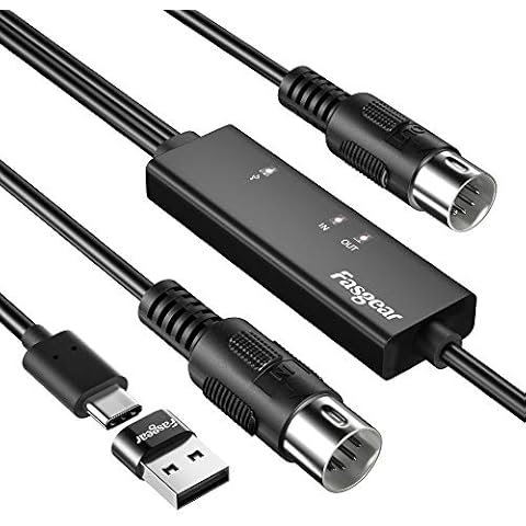 USB C MIDI Cable with Type C to USB Adapter, Fasgear 6ft Type C to In-Out MIDI Cable for Music Keyboard Piano to PC Laptop, MIDI to USB C Interface Converter for Windows, Android, Mac OS Cover
