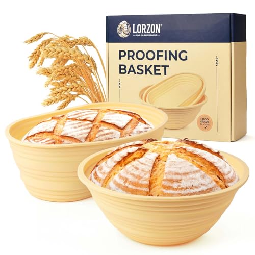 Lorzon Silicone Banneton Bread Proofing Baskets Set of 2, 9" Round & 10" Oval Foldable Sourdough Proofing Baskets, Silicone Proofing Bowls for Sourdough Bread, Easy to Clean and Store