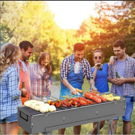 Miniatura 2 de Parrillas de carbón portátiles, parrilla de barbacoa de acero inoxidable con soporte plegable rejillas de ventilación ajustables, brocheta de