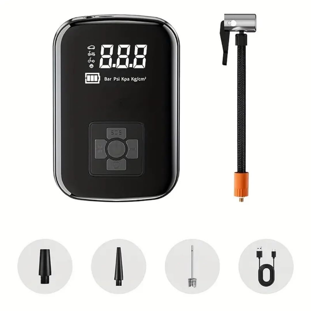 Hava Kompresörü, 150 PSI Dijital Göstergeli Oto Kompresör, Araba, Motosiklet, Bisiklet ve Top İçin, Taşınabilir Şarjlı Kullanım, Fener Işığı, 4000 Mah Batarya, 3 Farklı Başlık (PSI,KPA,BAR,KG/CM²)