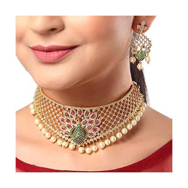 ZENEME Zenem Gold Plated White & Red American Diamond Studded With Drop Pearl Beaded Jewellery Set For Women & Girl - Image 6