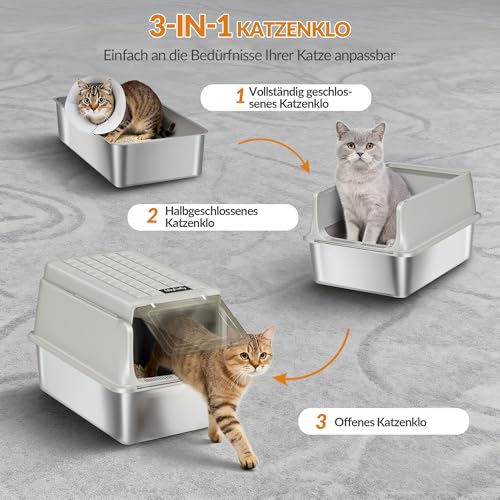 Fobyfurny Katzenklo Edelstahl, XXL Katzentoilette, 60x40x38,5cm, Cremegrau – Ansicht 4
