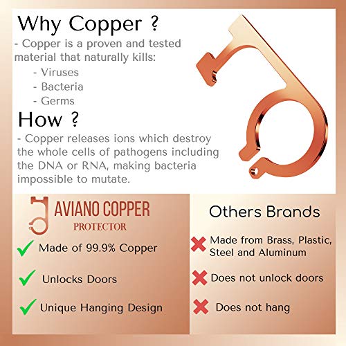 Aviano Copper Protector Door Opener Tool & Button Pusher –(10 PACK) 99.9% Copper Hands Free Germ Keychain Utility Hook Tool Key– No Touch Tool for Infected Surfaces, Touchscreens, Handles, Buttons