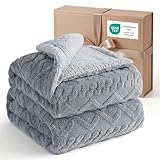 Bedsure Sherpa Queen Size Blanket for Bed - Fleece Soft Fluffy & Cozy Cable Jacquard Tufted Throw Blankets for Women Gift, Thick Warm for Winter and All Seasons, Grey, 90x90 Inches