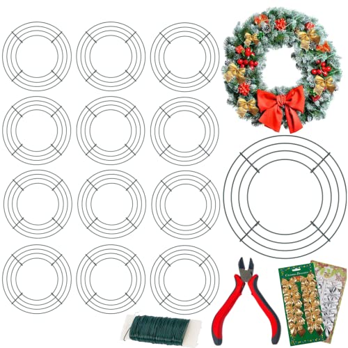 14 Pieces Christmas Wire Wreath Frame(10Inch), ENLAYER Metal Wreath Frame Dark Green Wire Round Wreath with 12 Golden Bow Tie,12 Silver Bow Tie,1 Wire Pliers and 115FT 22 Gauge Paddle Wire for Crafts