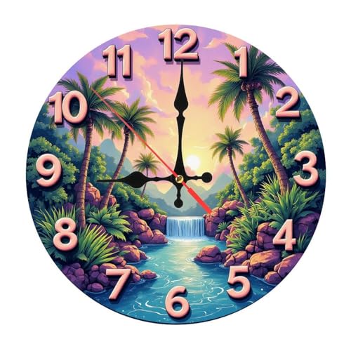Tropical Jungle Waterfall Wooden Wall Clock with Palm Tree Decor 25x25cm