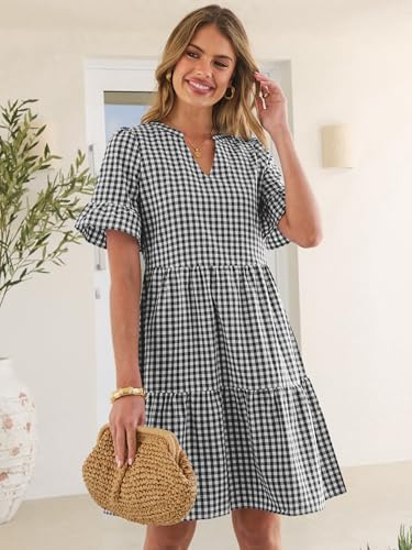 Image of Caracilia Dresses for Women Summer 2026 Striped V Neck Ruffle Sleeve A Line Tiered Flowy Casual Mini Beach Dress with Pockets