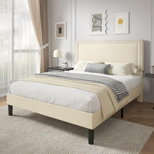Image of VECELO Queen Size Platform Bed Frame with Height Adjustable Upholstered Headboard, Modern Mattress Foundation,Strong Wood Slat Support, No Box Spring Needed, Easy Assembly,Beige