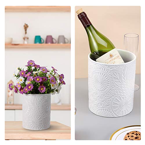 Ceramic Utensil Holder for Countertop, Large Utensil Holder Farmhouse Utensil Crock for Kitchen & Dining Table, White Cooking Utensil Holder,Relief Design with Sunflower Pattern