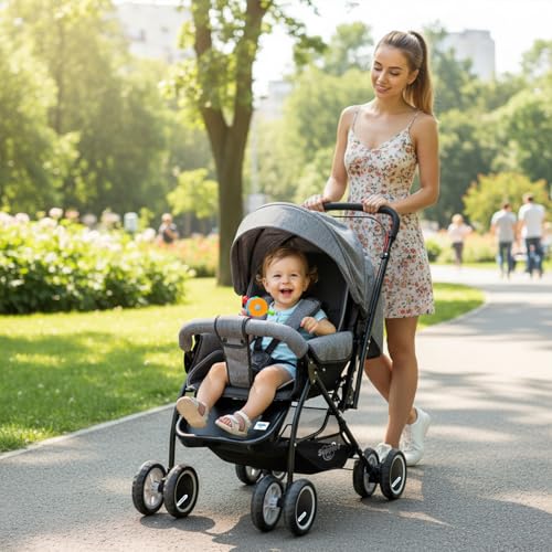 Image of Amazon Brand - Supples Baby Stroller /Pram for Newborns & Toddlers (0-3 Years) | Foldable, 5-Point Safety Harness, Reclining Seat, Storage Basket, Adjustable Backrest, 360 Wheels | Grey & Black