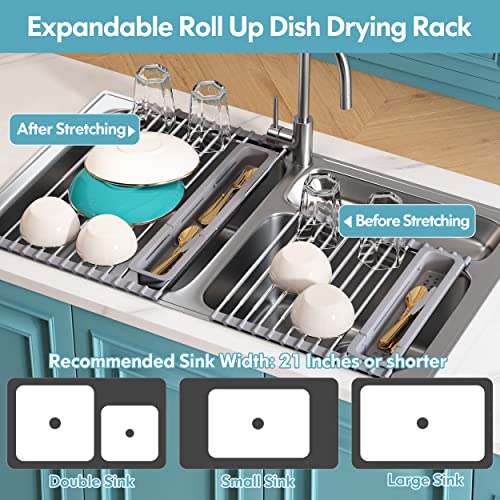 Jasiway Roll Up Dish Drying Rack, Expandable, Collapsible, Portable Kitchen Dish Drainers For Inside Sink, 304 Stainless Steel Over Sink Dish Drying Rack With Utensil Holder (12.5"- 23.3", Sliver) #TOP2