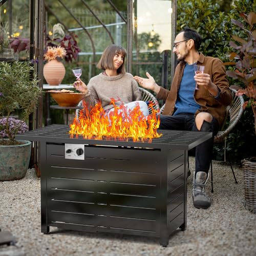 Xbeauty Fire Pit Propane Gas FirePit Table 43" Outdoor Fire Pit Rectangular Tabletop with Lid, Rain Cover, for Outside Garden Backyard Deck Patio