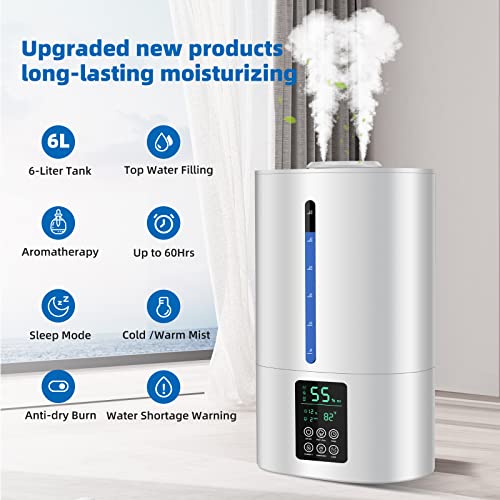 6L Humidifiers For Bedroom Large Room Home, Cool And Warm Humidifiers For Baby And Plants Mist Top Fill Desk Humidifiers Essential Oil Diffuser, Quiet Humidifiers With Adjustable Mist,360°Nozzle-White #TOP1