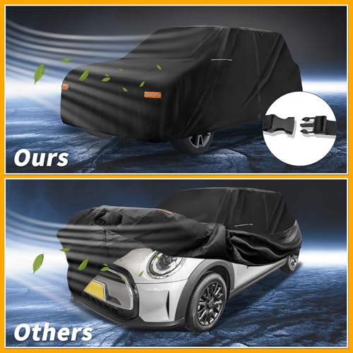 Image of Car Cover Waterproof All Weather 210D-PU, UV Sun Rain Protection, for Mini Cooper 4DR, with Left Side Zipper & Mirror Pockets, Black