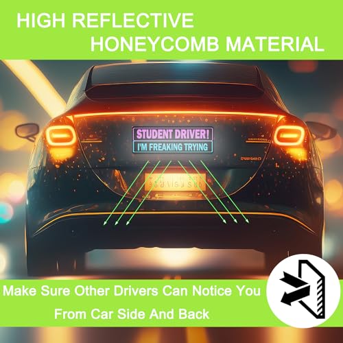 Image of 3 Pack Student Driver Magnet for Car, Magnetic Student Driver Sign for Vehicle, Reflective Warning Bumper Sticker Magnet Sign for New Driver, 10 inch x 4 inch (Black-PinkBlue)
