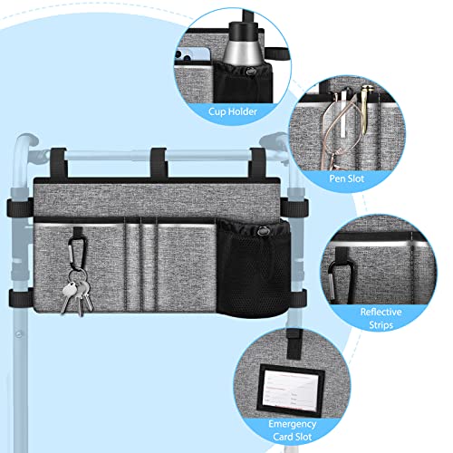 Finpac Large Walker Tote Bag With Cup Holder, Folding Walker Attachment Hands-Free Storage Basket Mobility Aid Accessory Pouch For Elderly, Senior, Gray #TOP2