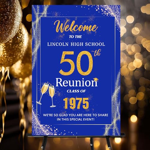 Personalized 50th Class Reunion Welcome Sign, Custom 50-Year Class Reunion Sign – Elegant Gold Welcome Signs, Custom Year & School Name (Blue)