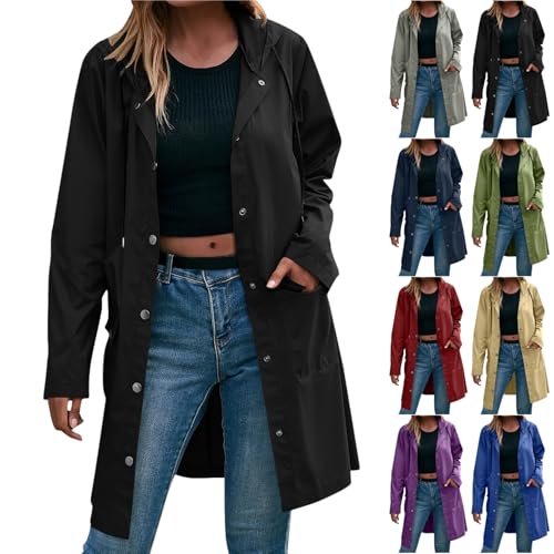 Rain Jacket Women Waterproof, Long Sleeve Button Up Hooded Outdoor Raincoat Windbreaker Long Coats with Pockets