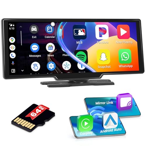 Hikity Wireless Apple Carplay & Wireless Android Auto Screen for Car, 10.3" Full 1080P IPS Touchscreen Car Stereo Support FM Radio, Voice Control, Backup Camera,64GB SD Card, AUX Portable Car Radio