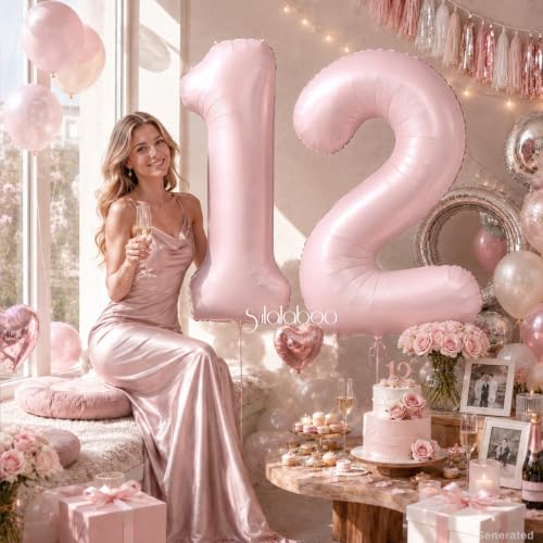 Image of 40 Inch Light Pink Number 12 Balloon 0-9 12th Foil Big Giant | Digital for Birthday Anniversary Graduation Decorations