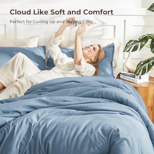 Image of Litanika Oversized King Comforter Set Grayish Blue Super King Plus Size, 3 Pieces Lightweight Solid Bedding Comforter Set, All Season Fluffy Bed Set (128x120In Comforter & 2 Pillowcases)
