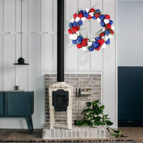 H&W American Flag Floral Wreath Patriotic Tulip Silk Memorial Day & 4Th Of July Wreaths, 15'' Red White And Blue Flower Garland Front Door Décor, Independence Day Party Decor, Holiday Wedding #TOP6