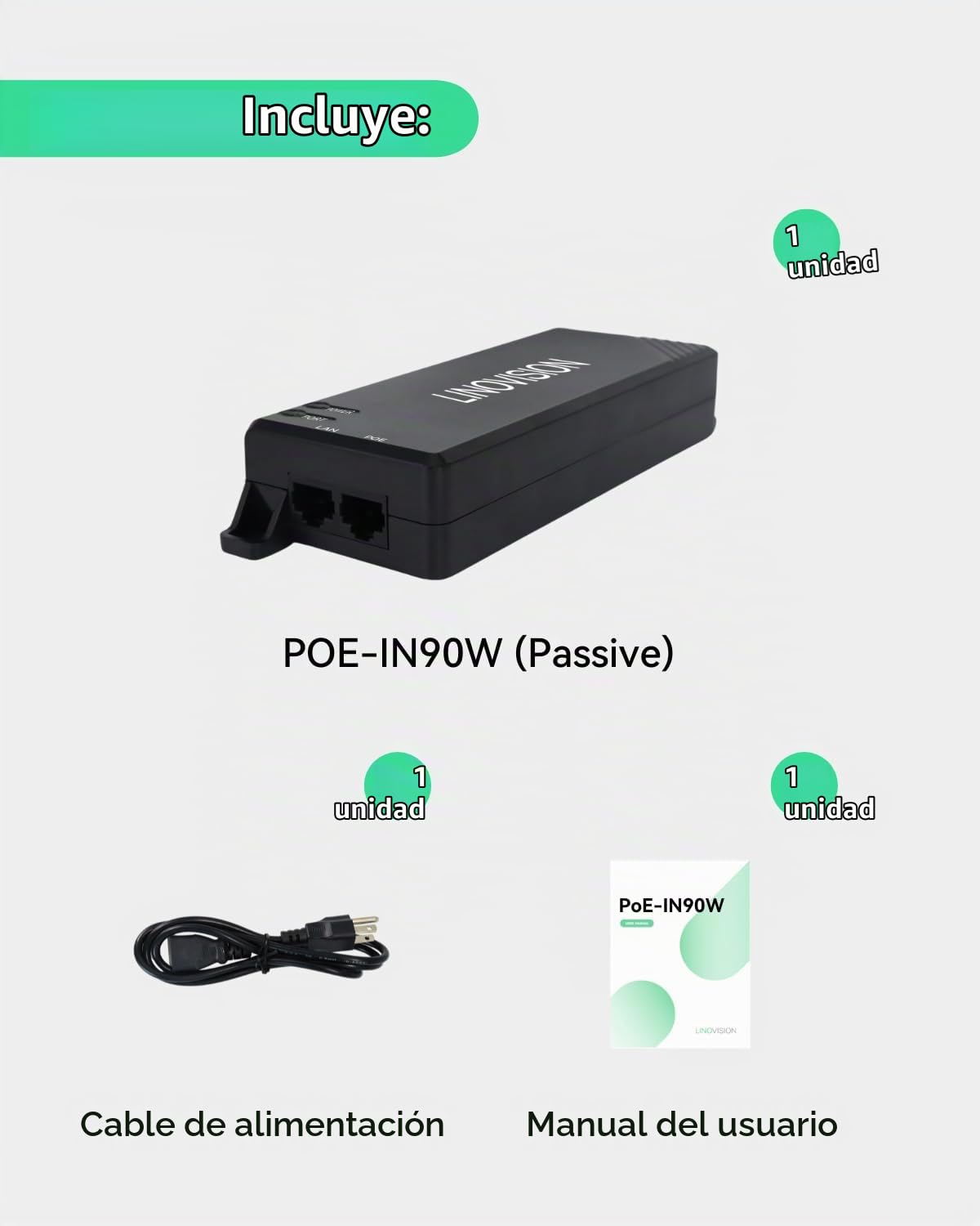 LINOVISION Gigabit 90W Inyector PoE Pasivo, Inyector PoE++ de Puerto Único, 10/100/1000Mbps Hi-PoE Midspan, Inyector de Energía PoE para Cámara PTZ, Teléfono VoIP