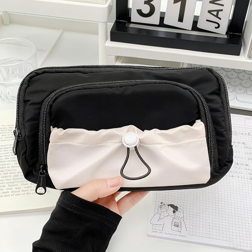 Image of FINPAC Pencil Case, 5-Layer Large Capacity Pen Case with Drawstring, Durable Stylish Bag Pouch Holder Box Organize for Study, Office, or Travel (Black)