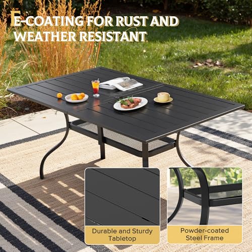 Image of SUNCROWN 60 inchx37 inch Black Patio Outdoor Dining Table Metal Steel Slat Rectangular Bistro Table for Porch Deck Garden Backyard Poolside, 1.57 inch Umbrella Hole