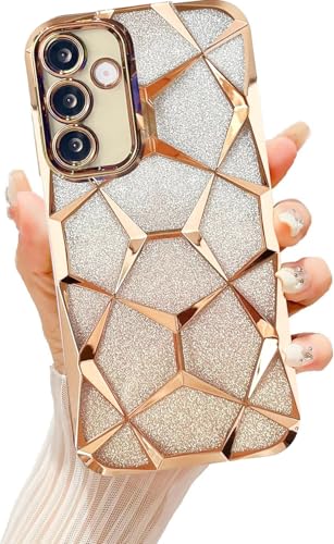 Image of VONZEE Gradient Glitter Case for Samsung S24 FE, Luxury Electroplated 3D Cube, Diamond Bling Shiny Soft TPU Clear Shockproof Case Women Girls Protective Phone Cover (Gold)