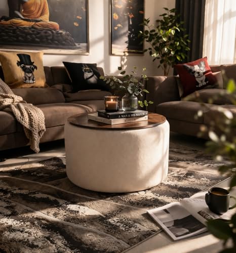 Image of Elegent Round Coffee Table with Wooden Top, Storage Ottoman Tables for Living Room, Centre Tables, Tea Tables, Farmhouse, Wood Drum Coffee Table (Cream)